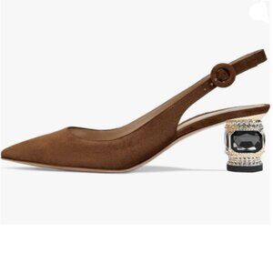 FSJ Brown Slingback Heels with Embellished Heel